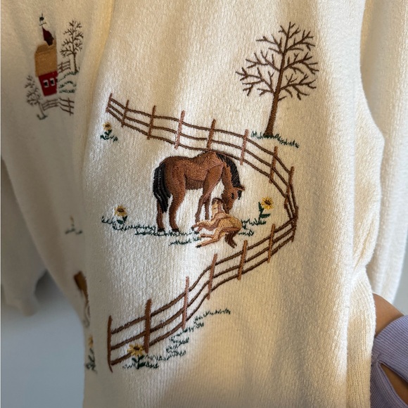 Vintage Bon Worth Women’s Ecru Embroidered Barn & Horse Jacket Size Small Petite - Picture 3 of 6